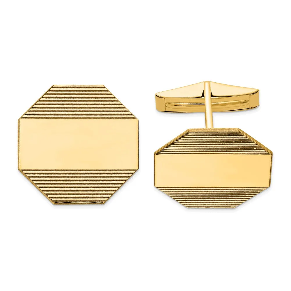 14K Yellow Gold Grooved Striped Octagon Cuff Links, 20mm