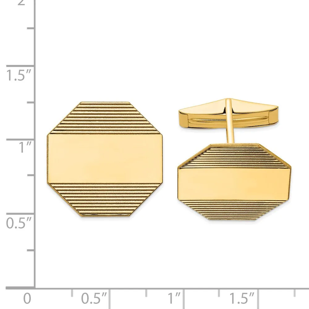 14K Yellow Gold Grooved Striped Octagon Cuff Links, 20mm