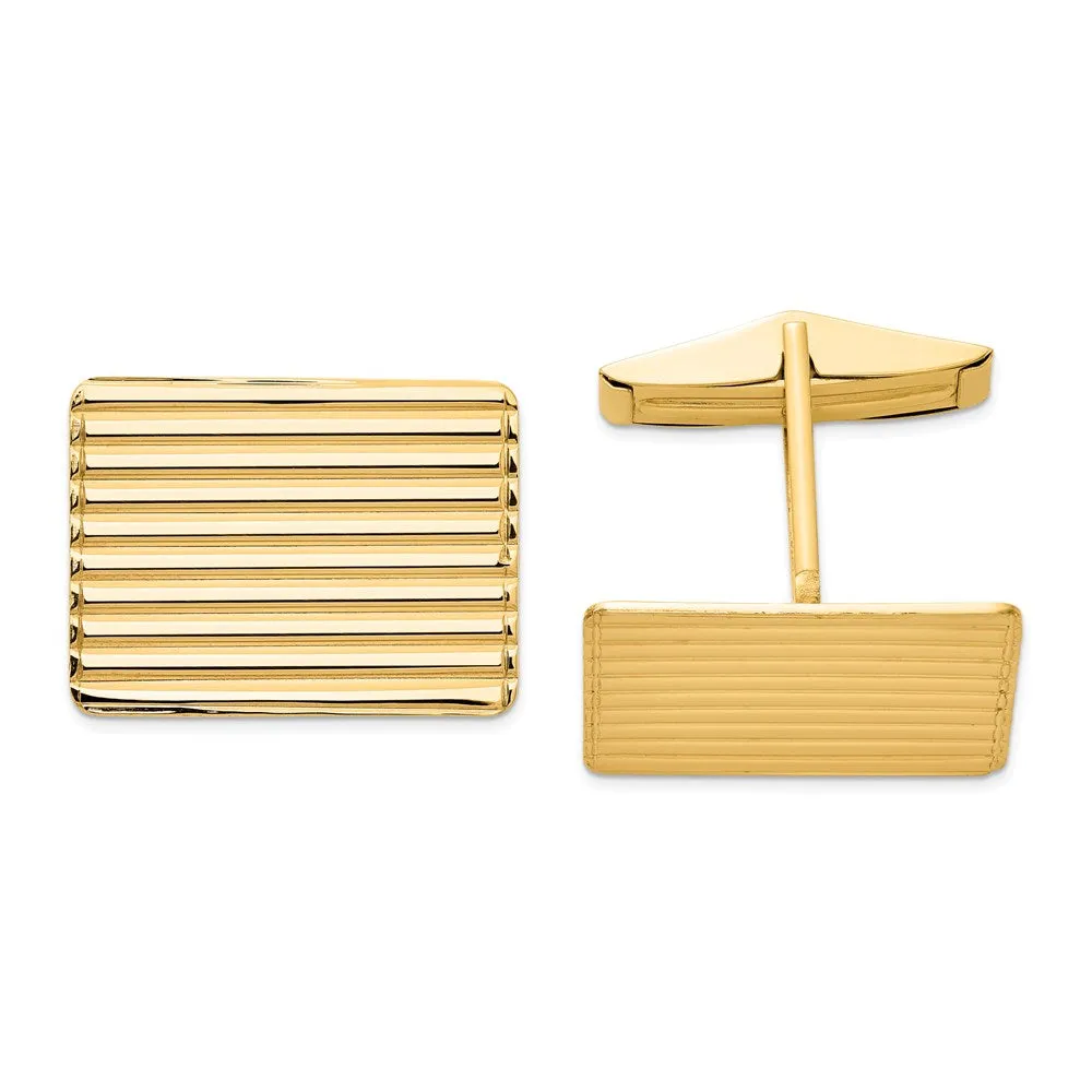 14K Yellow Gold Grooved Striped Rectangle Cuff Links, 19 x 14mm