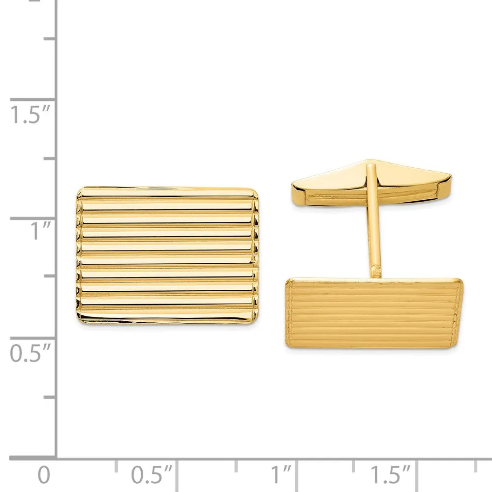 14K Yellow Gold Grooved Striped Rectangle Cuff Links, 19 x 14mm