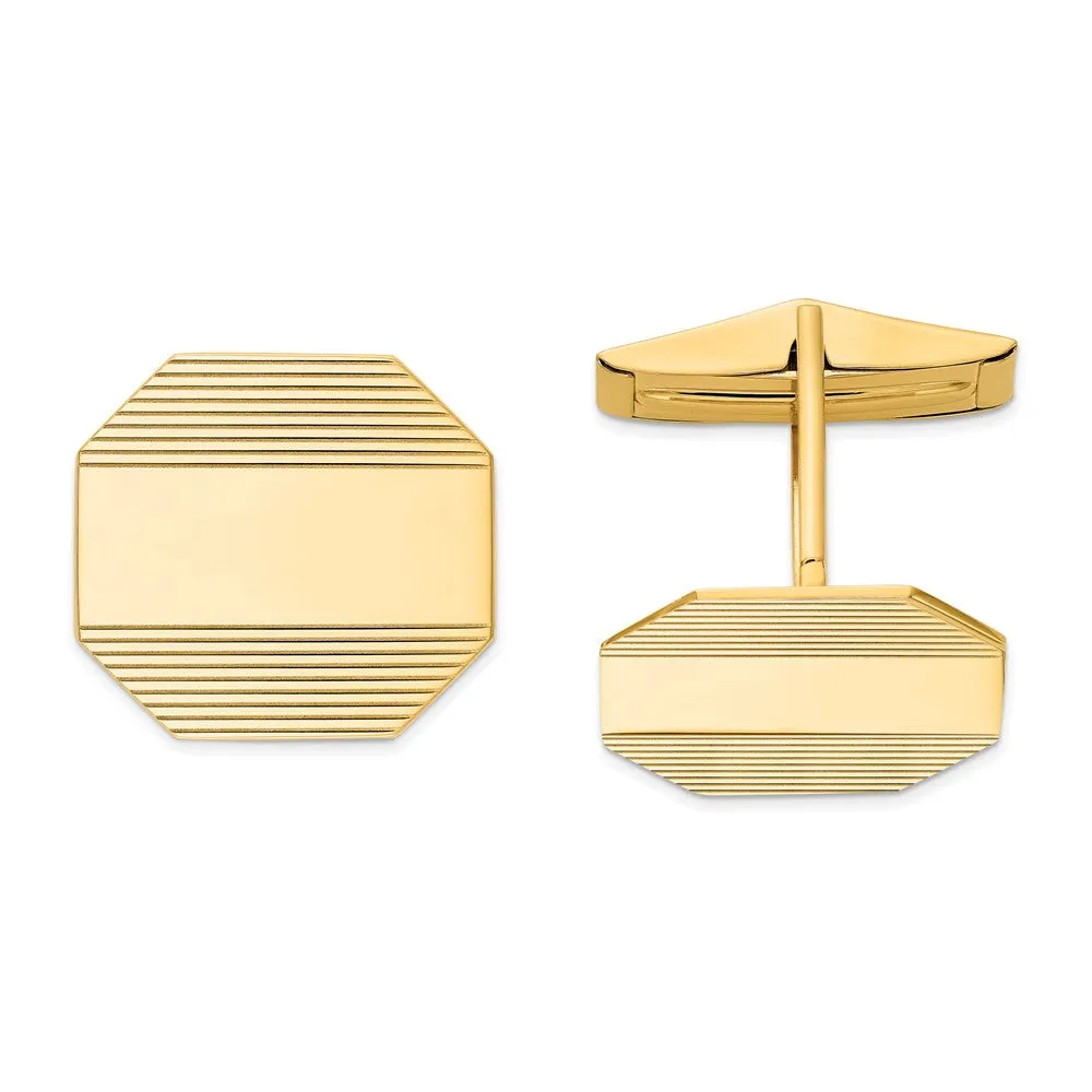 14K Yellow Gold Rectangular Octagon Striped Cuff Links, 17 x 16mm