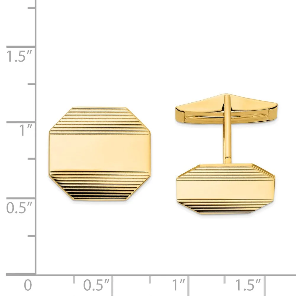 14K Yellow Gold Rectangular Octagon Striped Cuff Links, 17 x 16mm