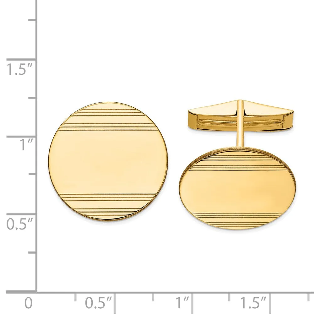 14K Yellow Gold Striped Round Disc Cuff Links, 20mm