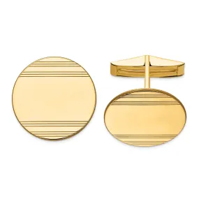 14K Yellow Gold Striped Round Disc Cuff Links, 20mm