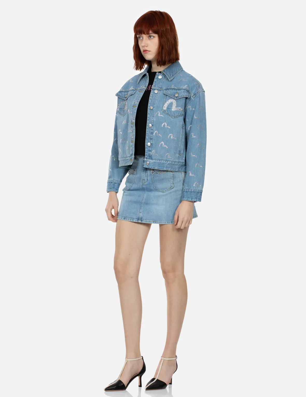 Allover Rhinestone Seagull Loose Fit Denim Jacket