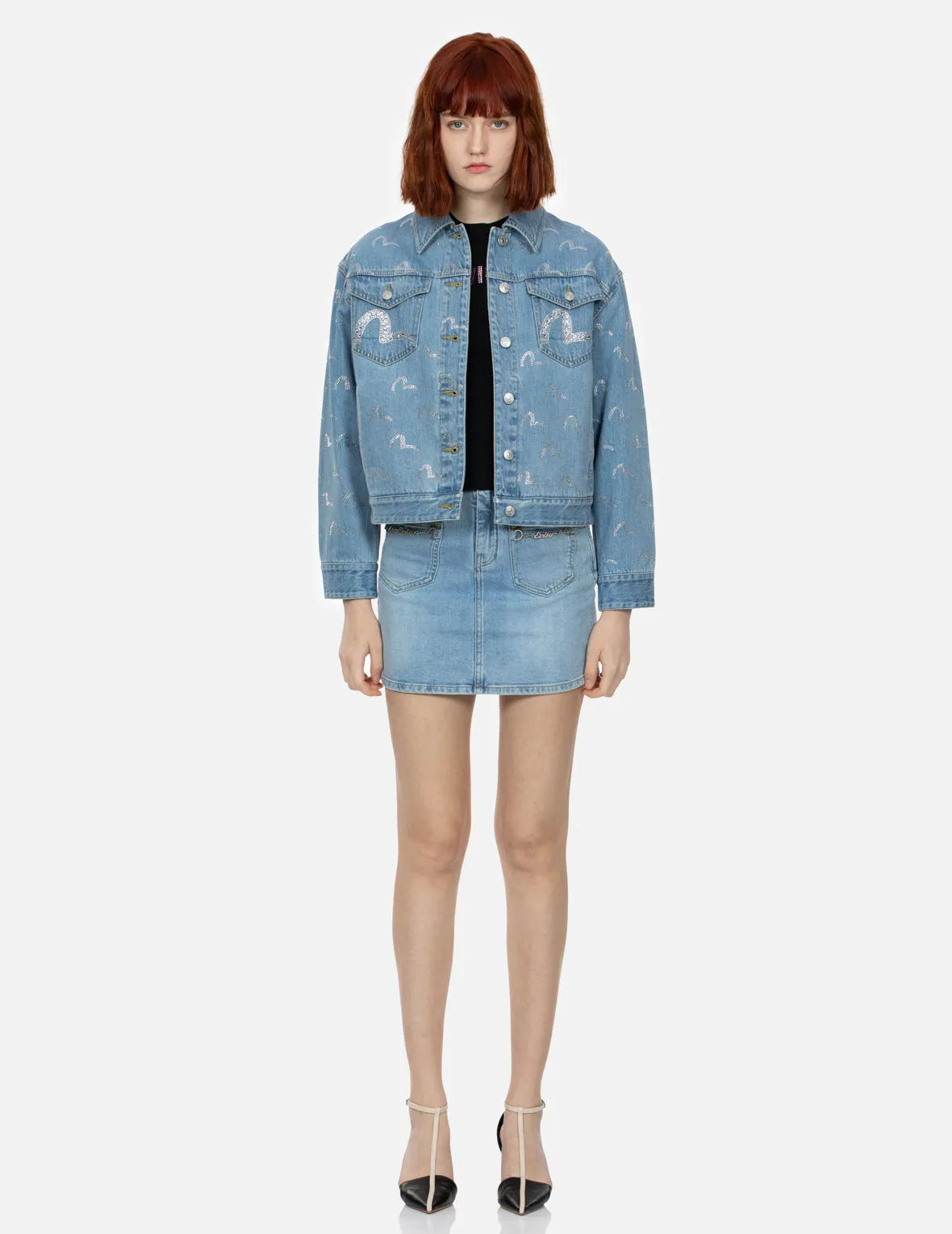 Allover Rhinestone Seagull Loose Fit Denim Jacket