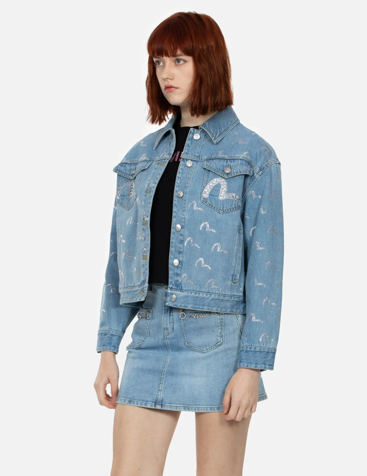 Allover Rhinestone Seagull Loose Fit Denim Jacket