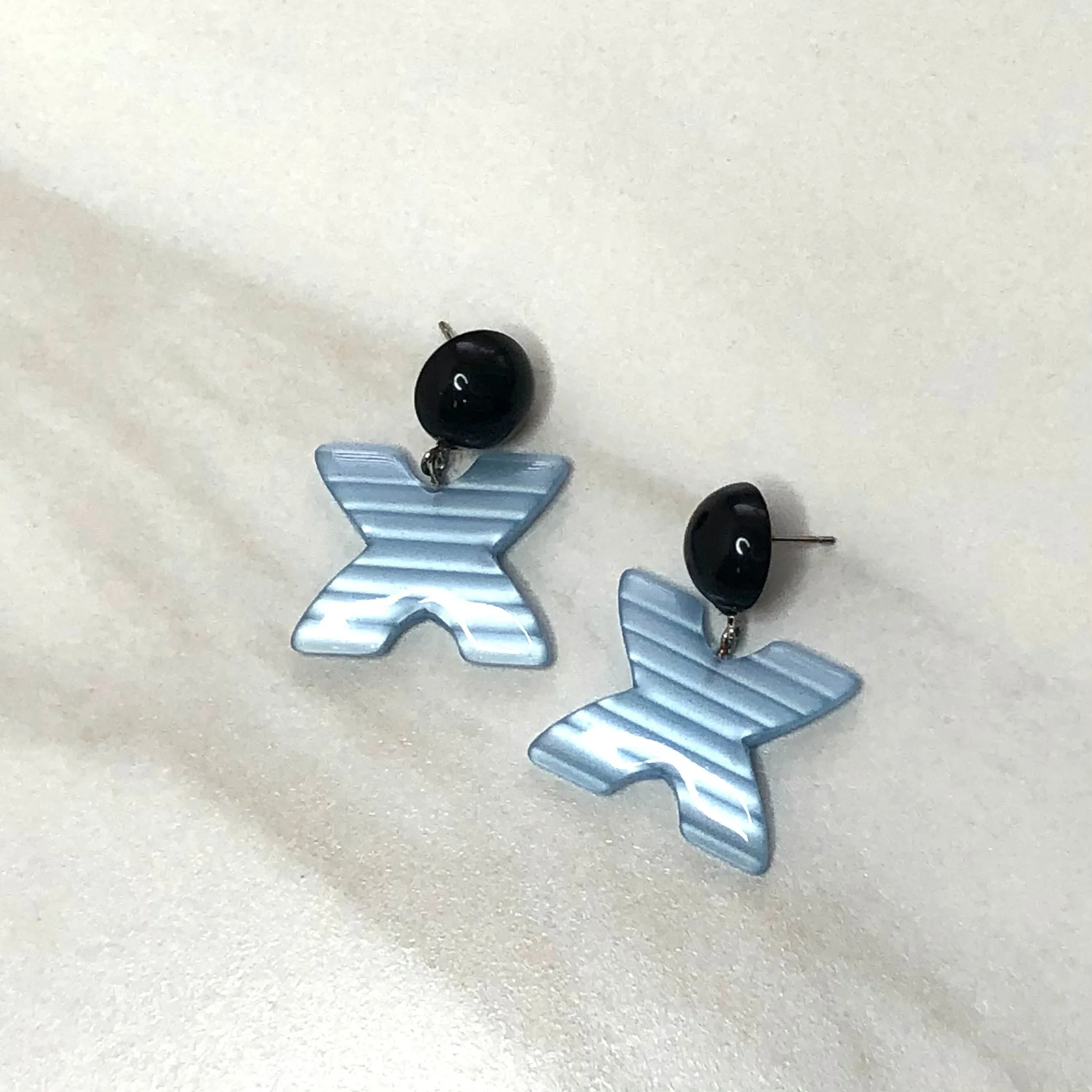 Black & Ice Blue Striped 'X' Kiss Moonglow Statement Earrings *