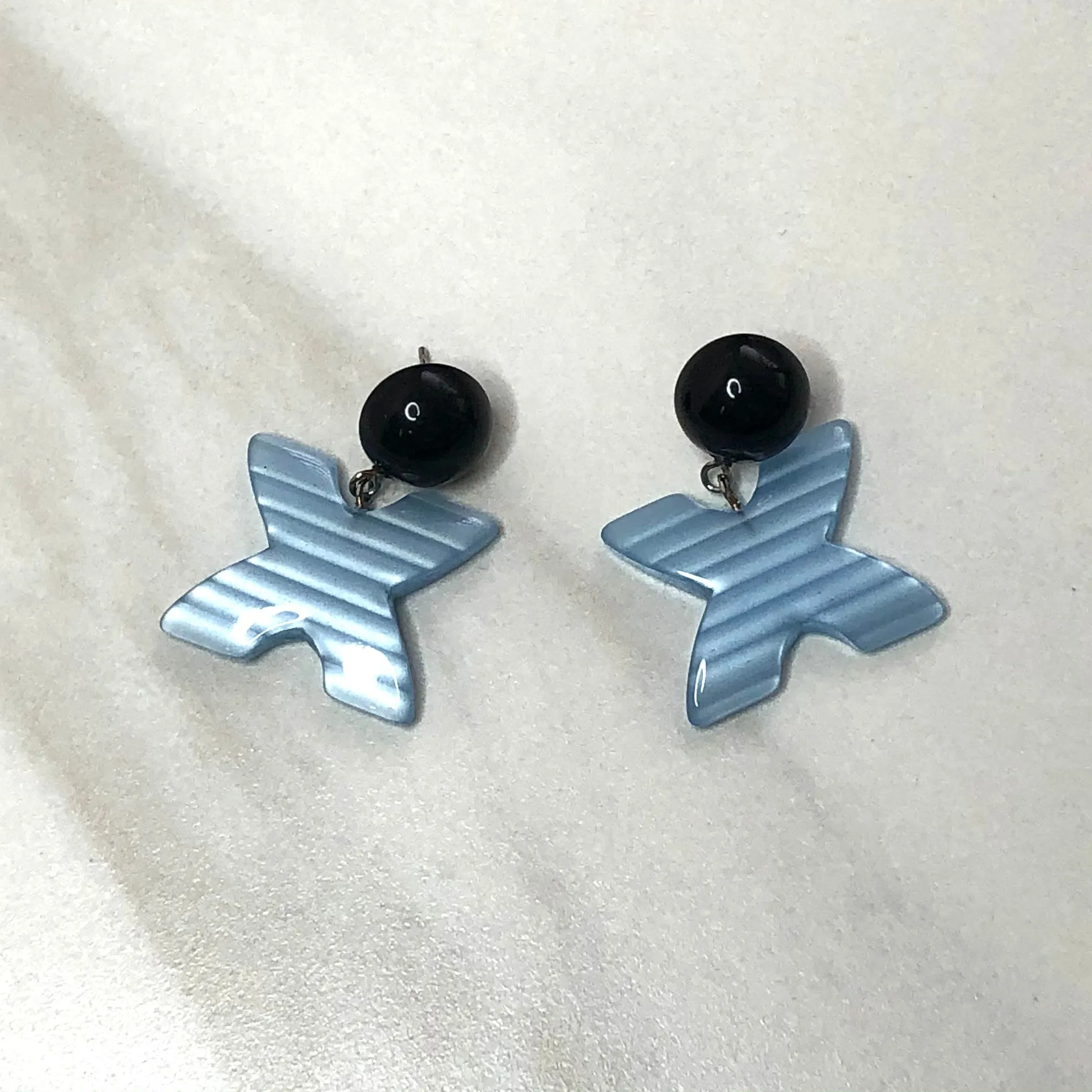 Black & Ice Blue Striped 'X' Kiss Moonglow Statement Earrings *