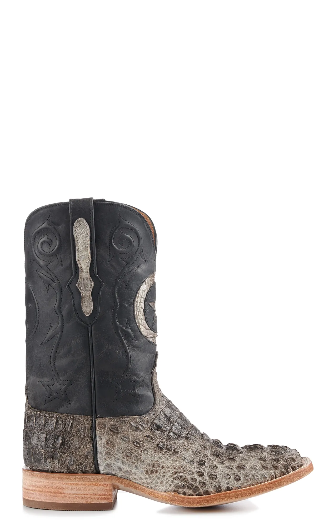 Black Jack Men's Natural Caiman Hornback and Black with Star Inlay Wide Square Toe Exotic Cowboy Boots