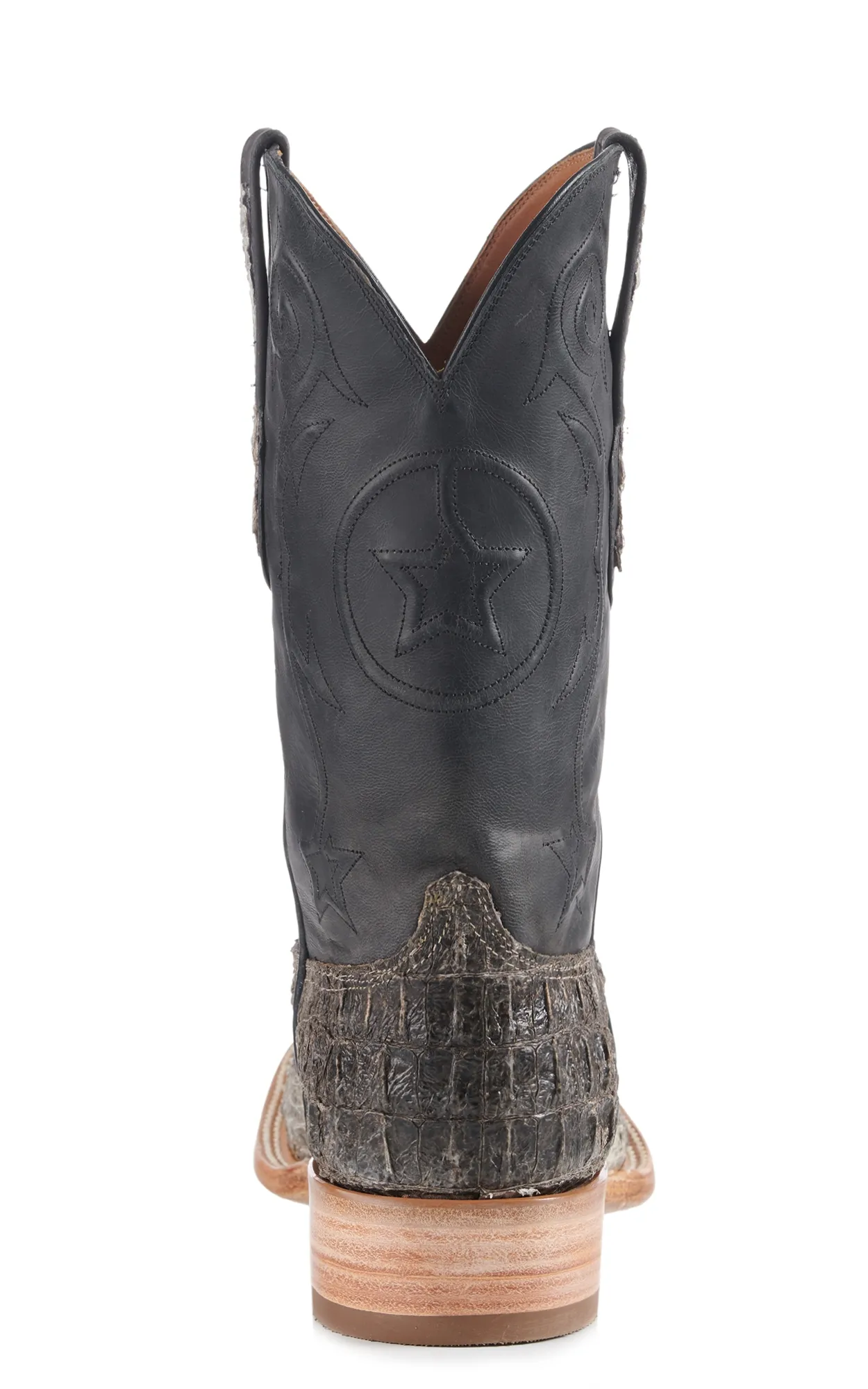 Black Jack Men's Natural Caiman Hornback and Black with Star Inlay Wide Square Toe Exotic Cowboy Boots