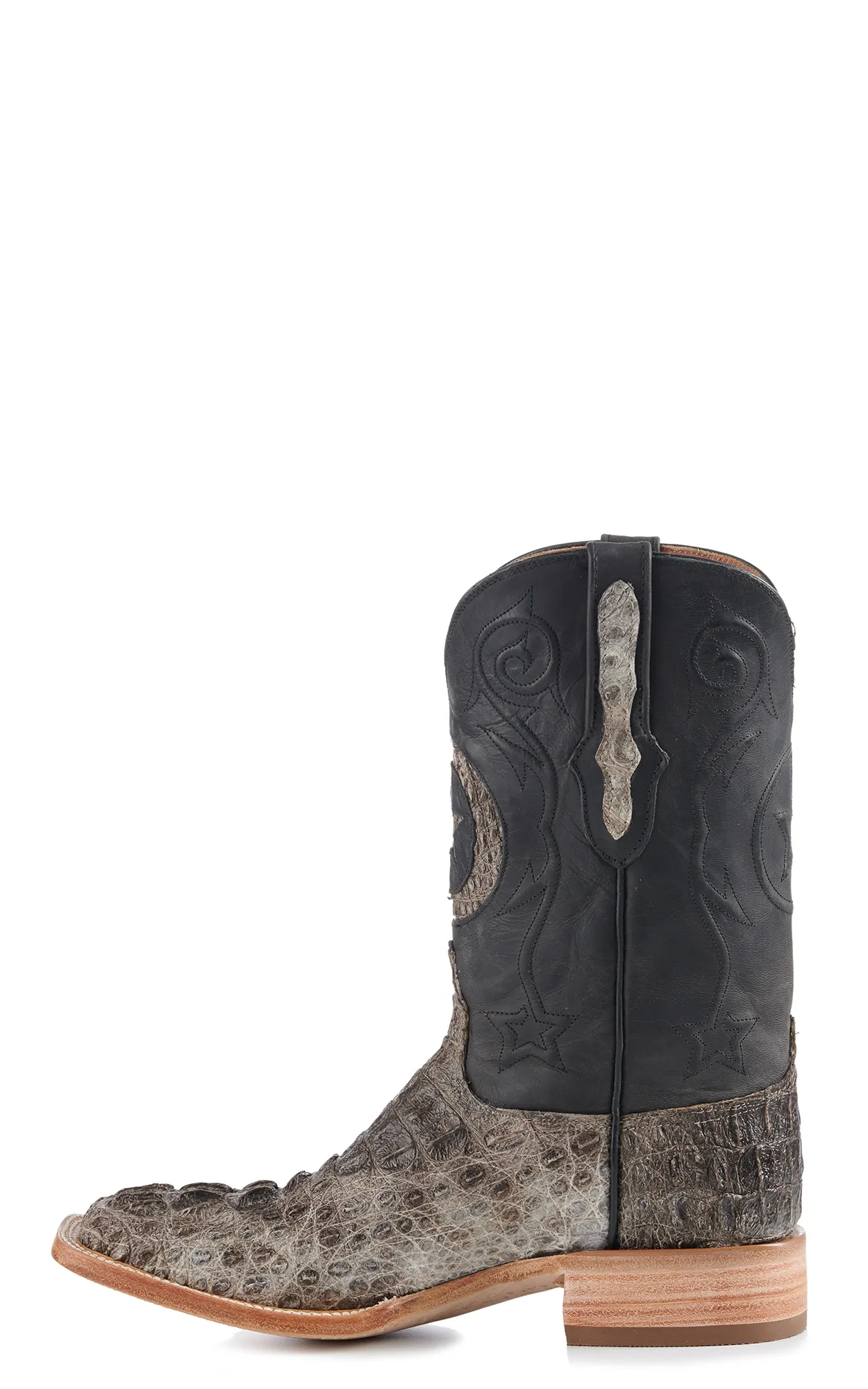 Black Jack Men's Natural Caiman Hornback and Black with Star Inlay Wide Square Toe Exotic Cowboy Boots