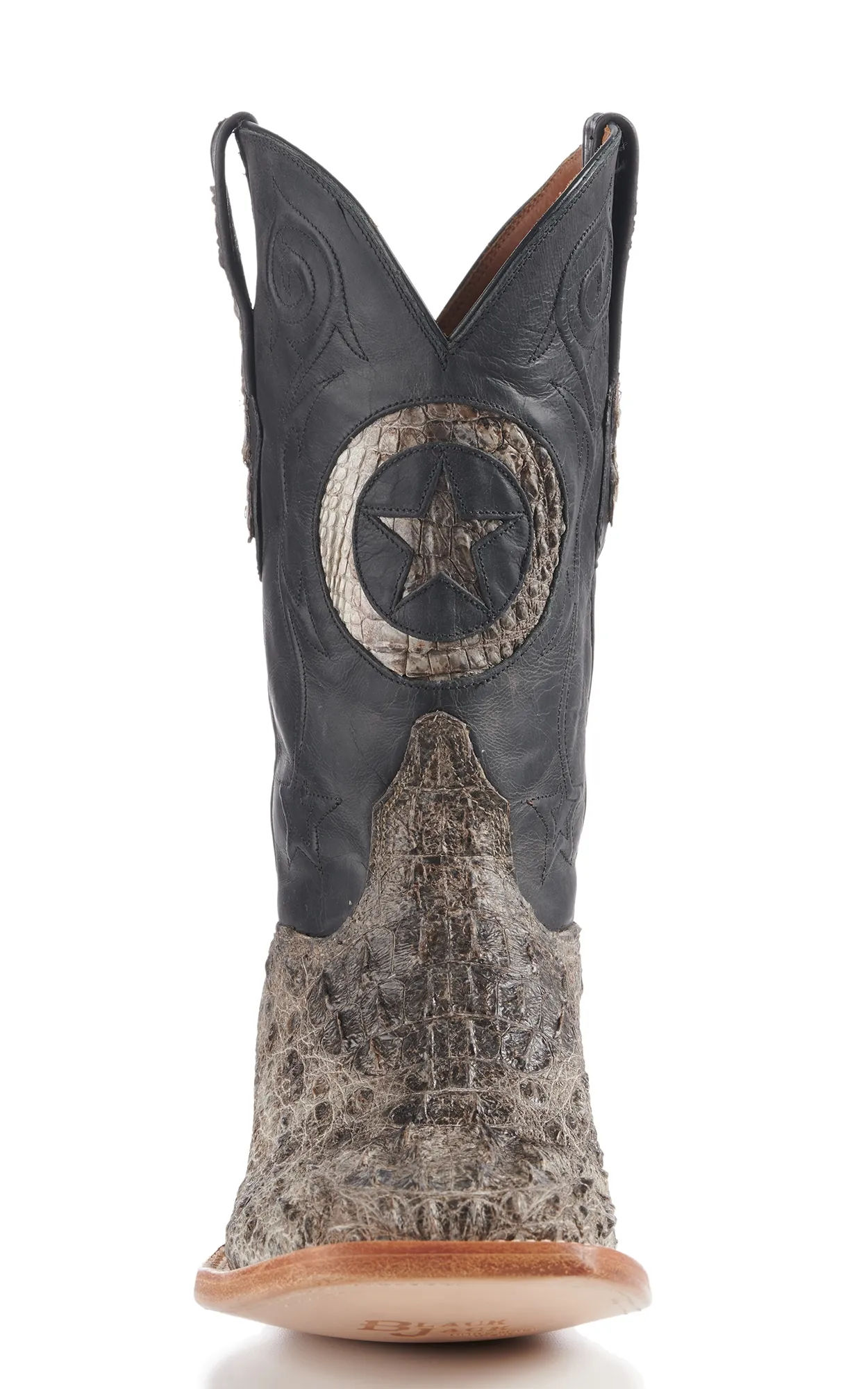 Black Jack Men's Natural Caiman Hornback and Black with Star Inlay Wide Square Toe Exotic Cowboy Boots