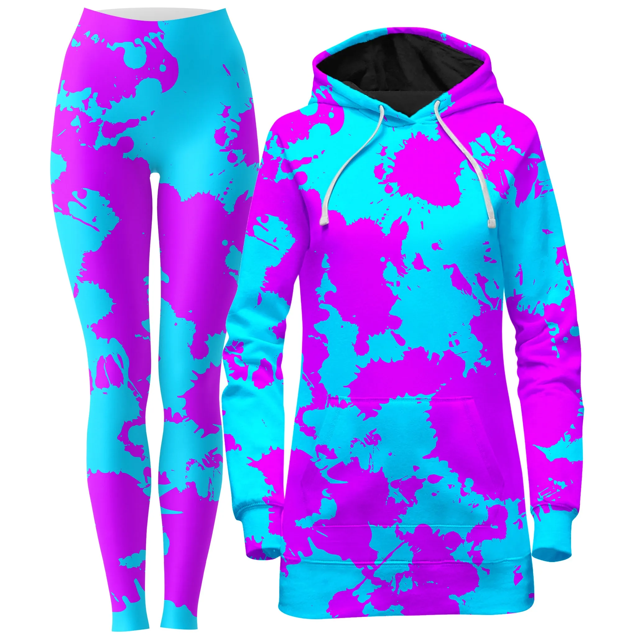 Blue and Purple Paint Splatter Hoodie Dress and Leggings Combo