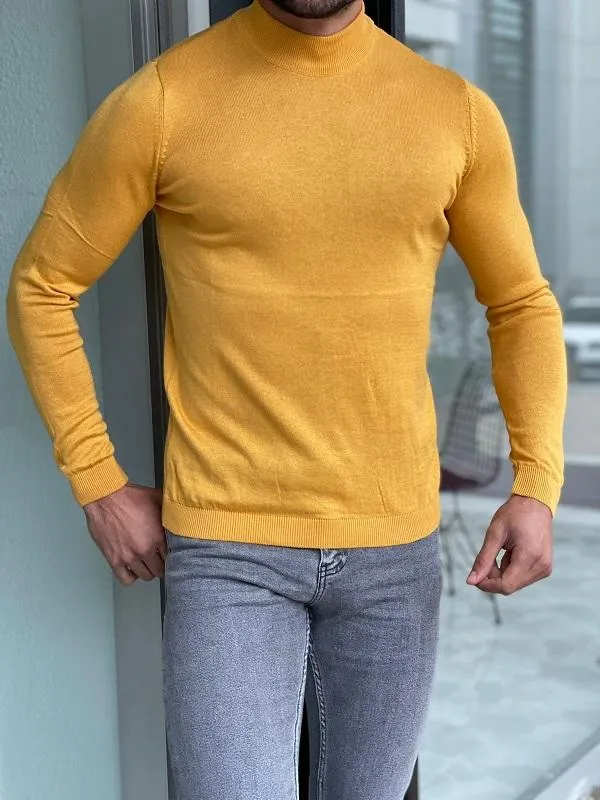 Casani Yellow Slim Fit Mock Turtleneck Sweater