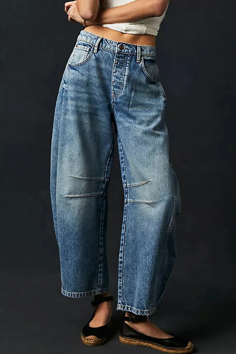 Casual Vintage Solid Pocket Without Belt Mid Waist Loose Denim Jeans(No Belt)