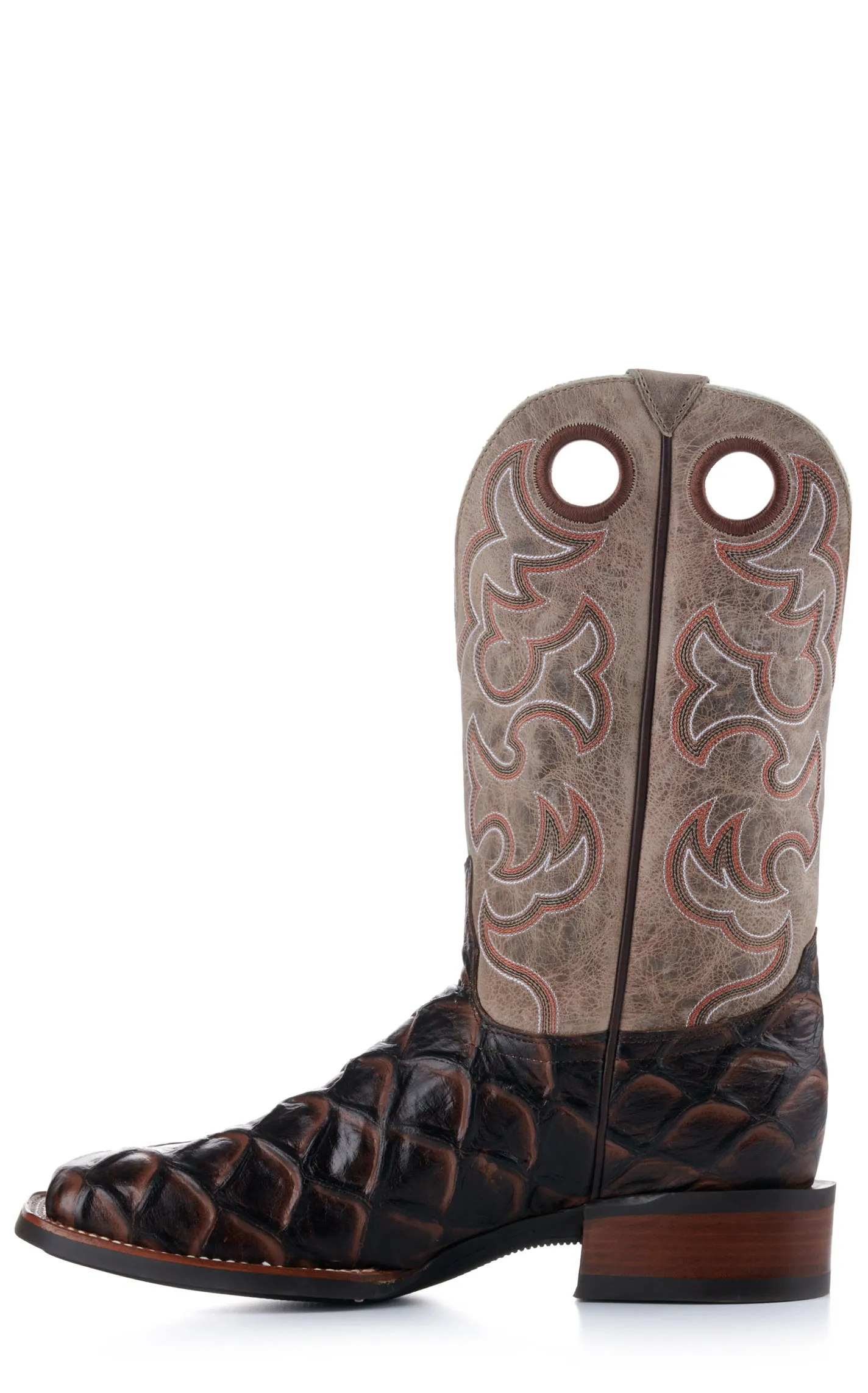 Cavender's Men's Intrepid Medium Brown Pirarucu Print and Oryx Wide Square Toe Cowboy Boots