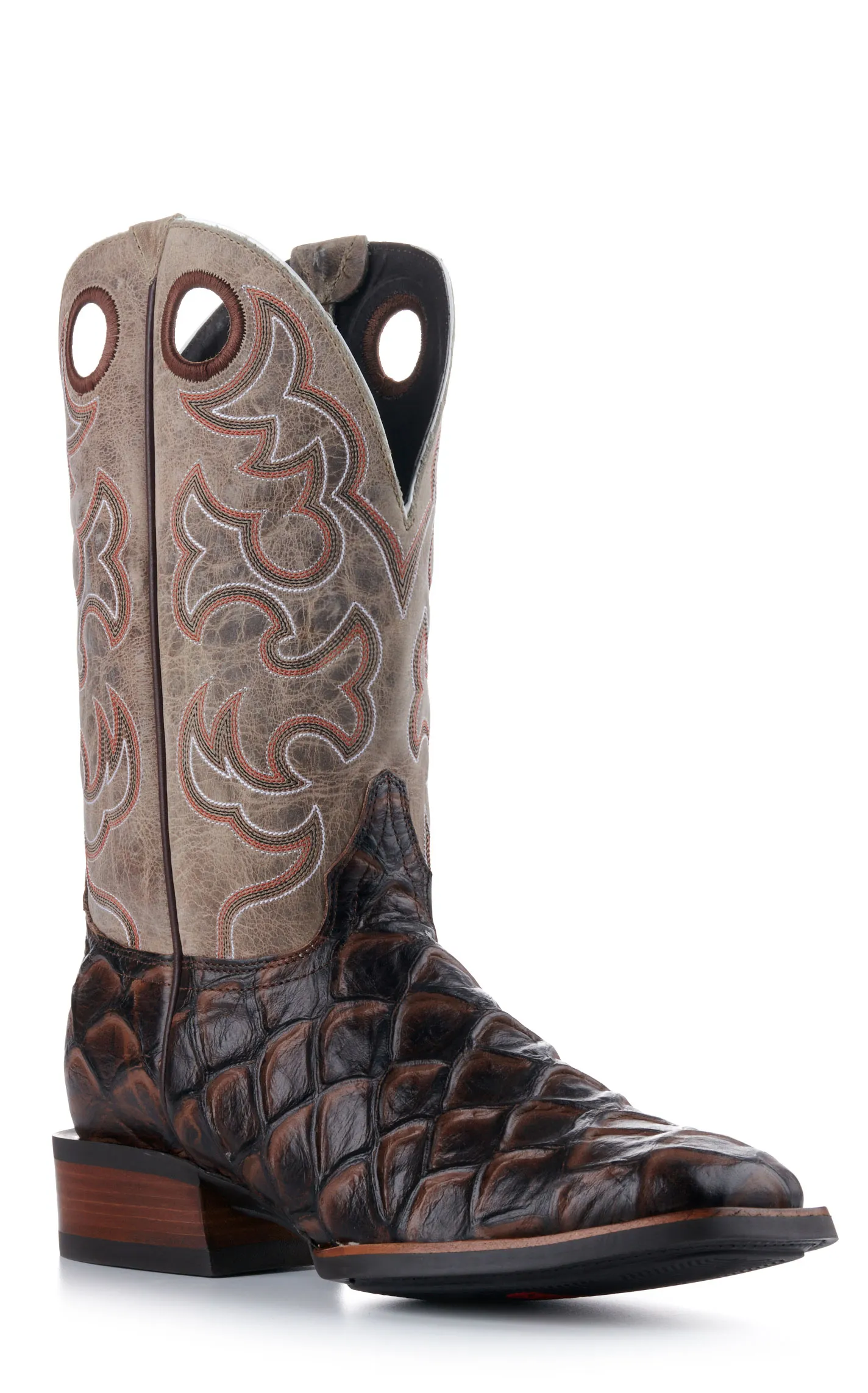 Cavender's Men's Intrepid Medium Brown Pirarucu Print and Oryx Wide Square Toe Cowboy Boots