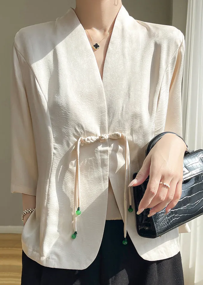 Chinese Style Apricot V Neck Tasseled Silk Coat Bracelet Sleeve