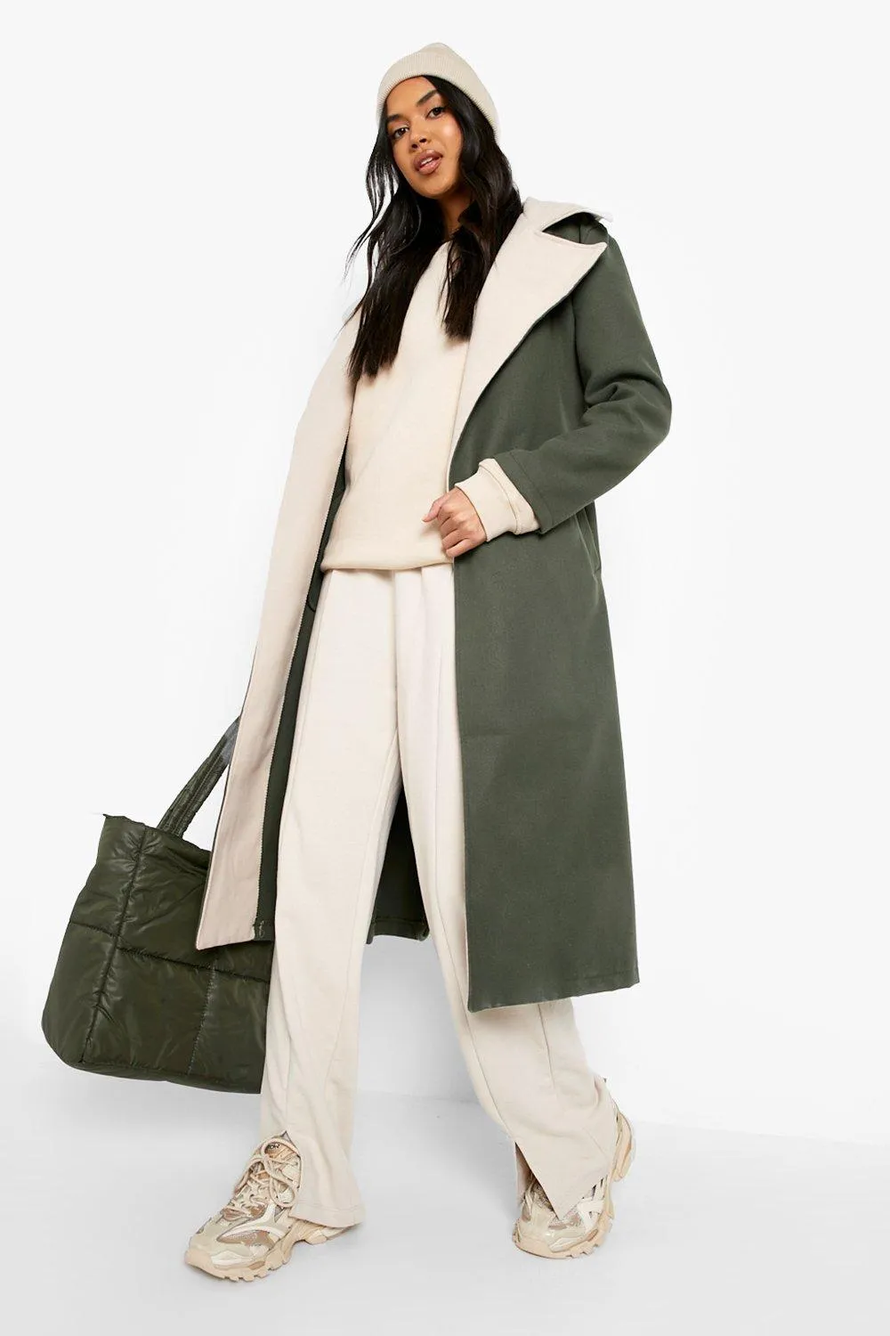 Contrast Collar Belted Wool Look Coat