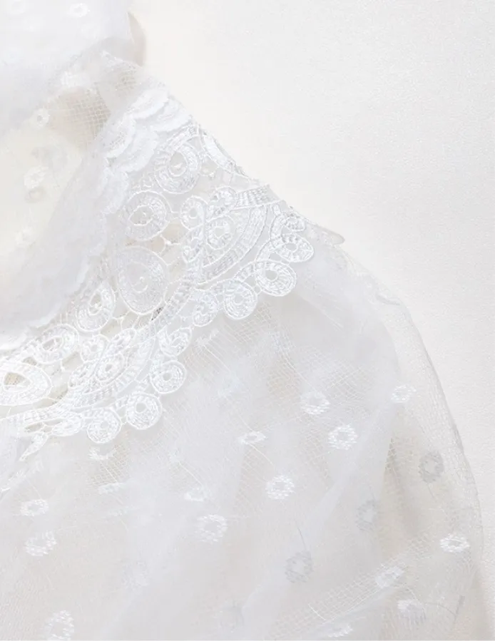 Dabuwawa  |Chiffon Plain Short Sleeves Lace Puff Sleeves