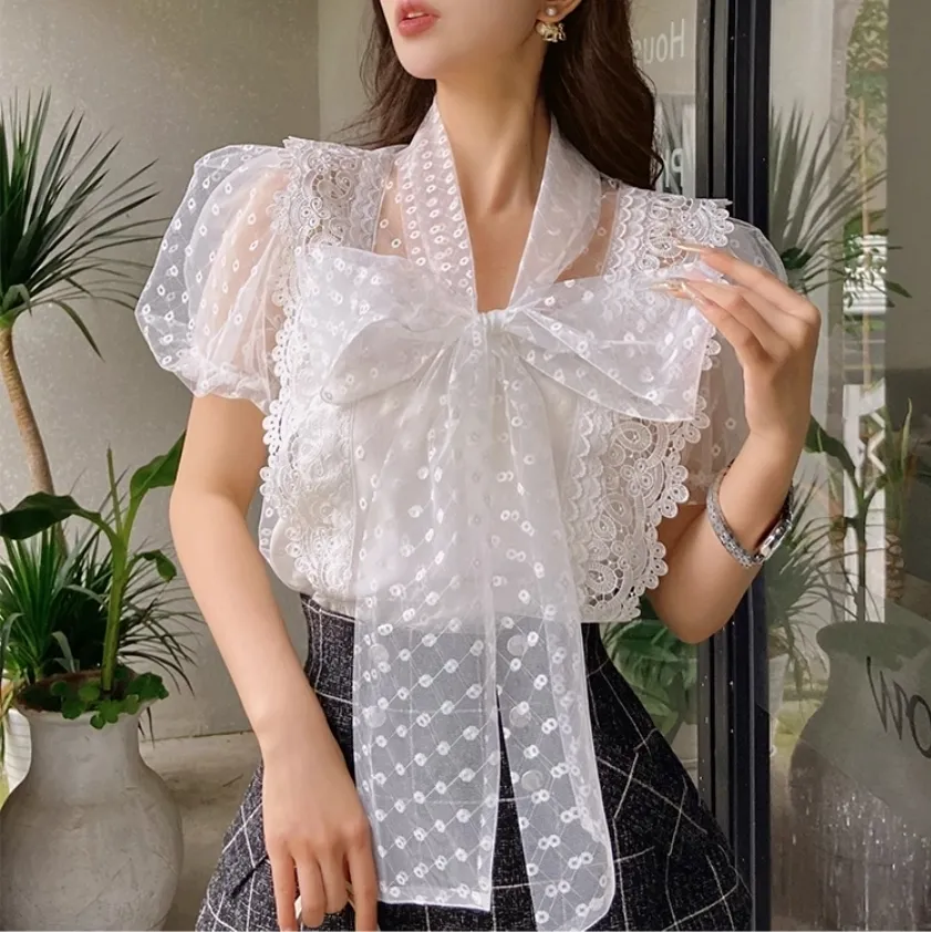 Dabuwawa  |Chiffon Plain Short Sleeves Lace Puff Sleeves