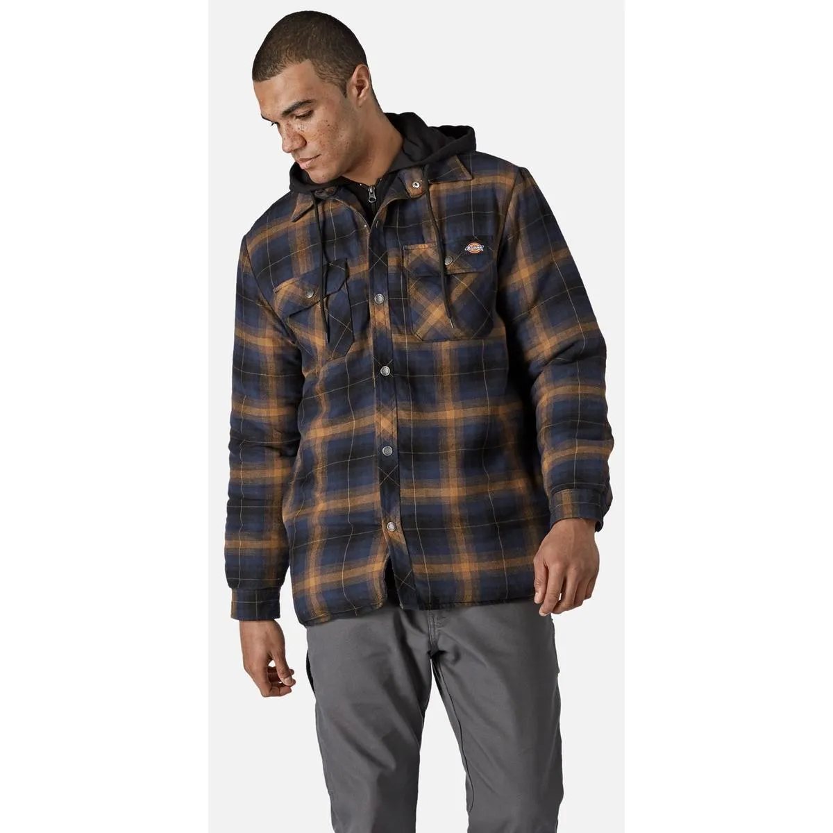 Dickies Fleece Hood Flannel Shirt Jacket Navy/Brown