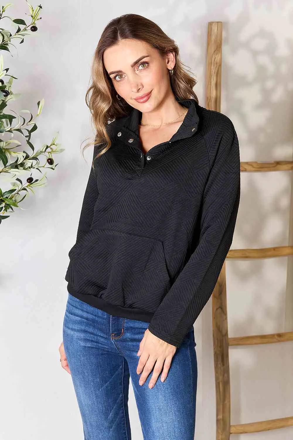 Double Take Half Buttoned Collared Neck Sweatshirt with Pocket