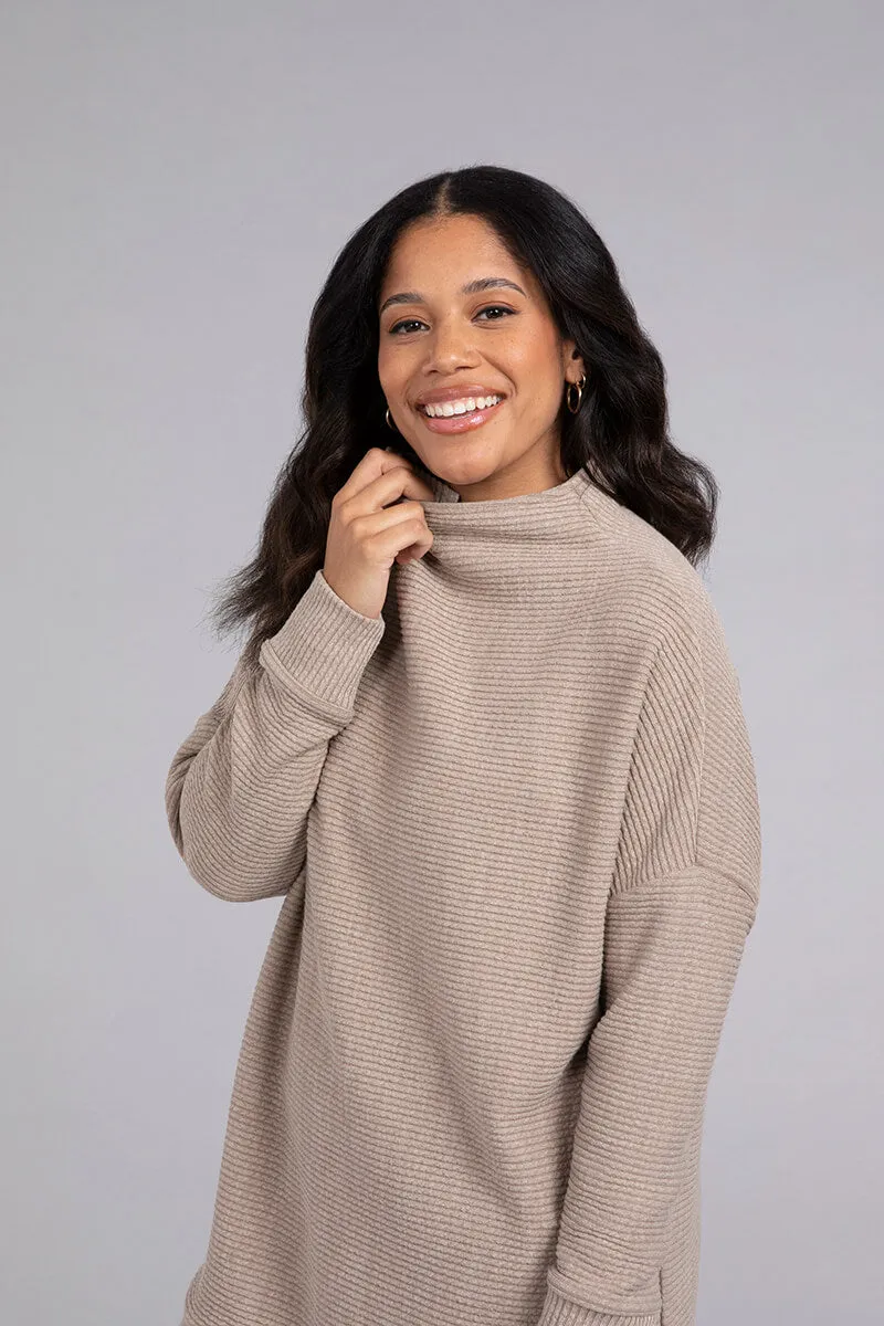 Funnel Neck Rib Sweater Tunic | Camel