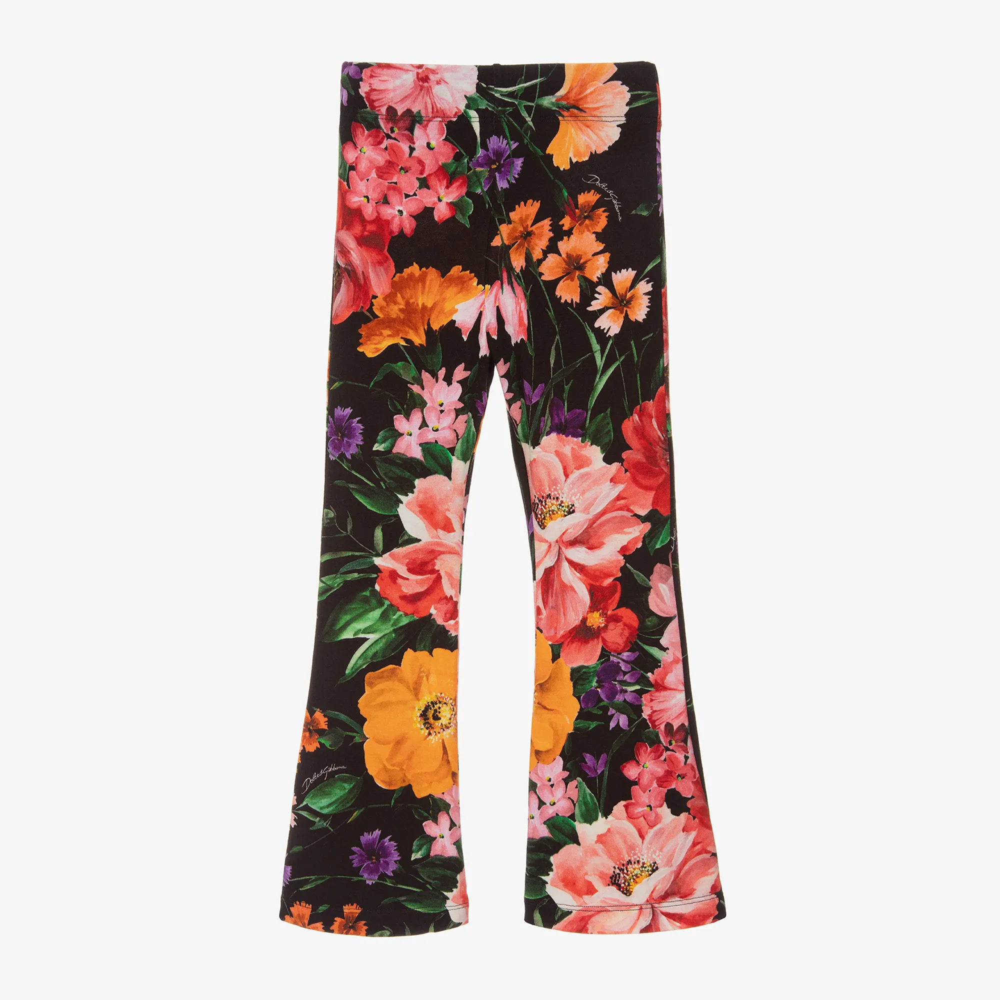 Girls Black Viscose Floral Flared Leggings