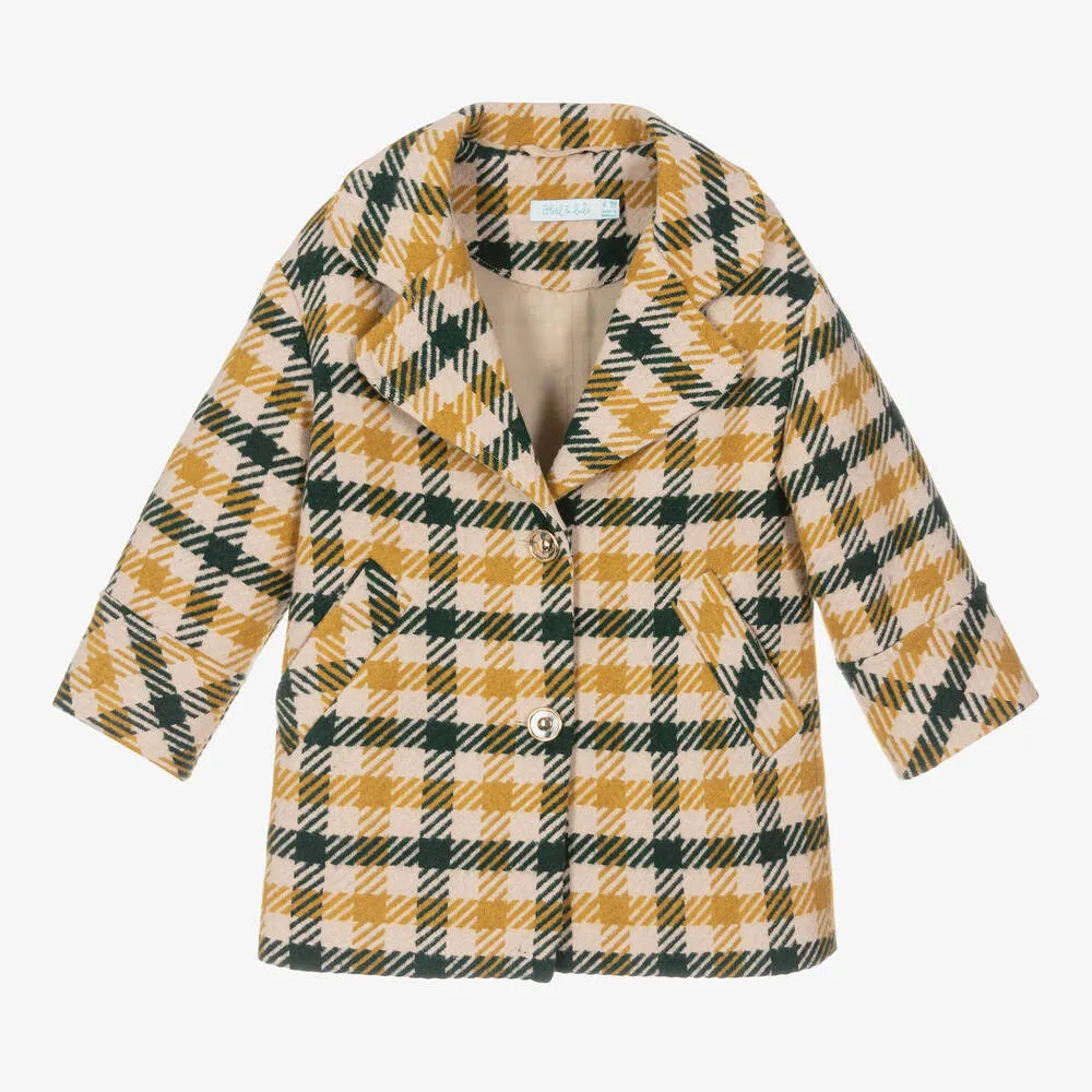 Girls Ivory Check Wool Coat