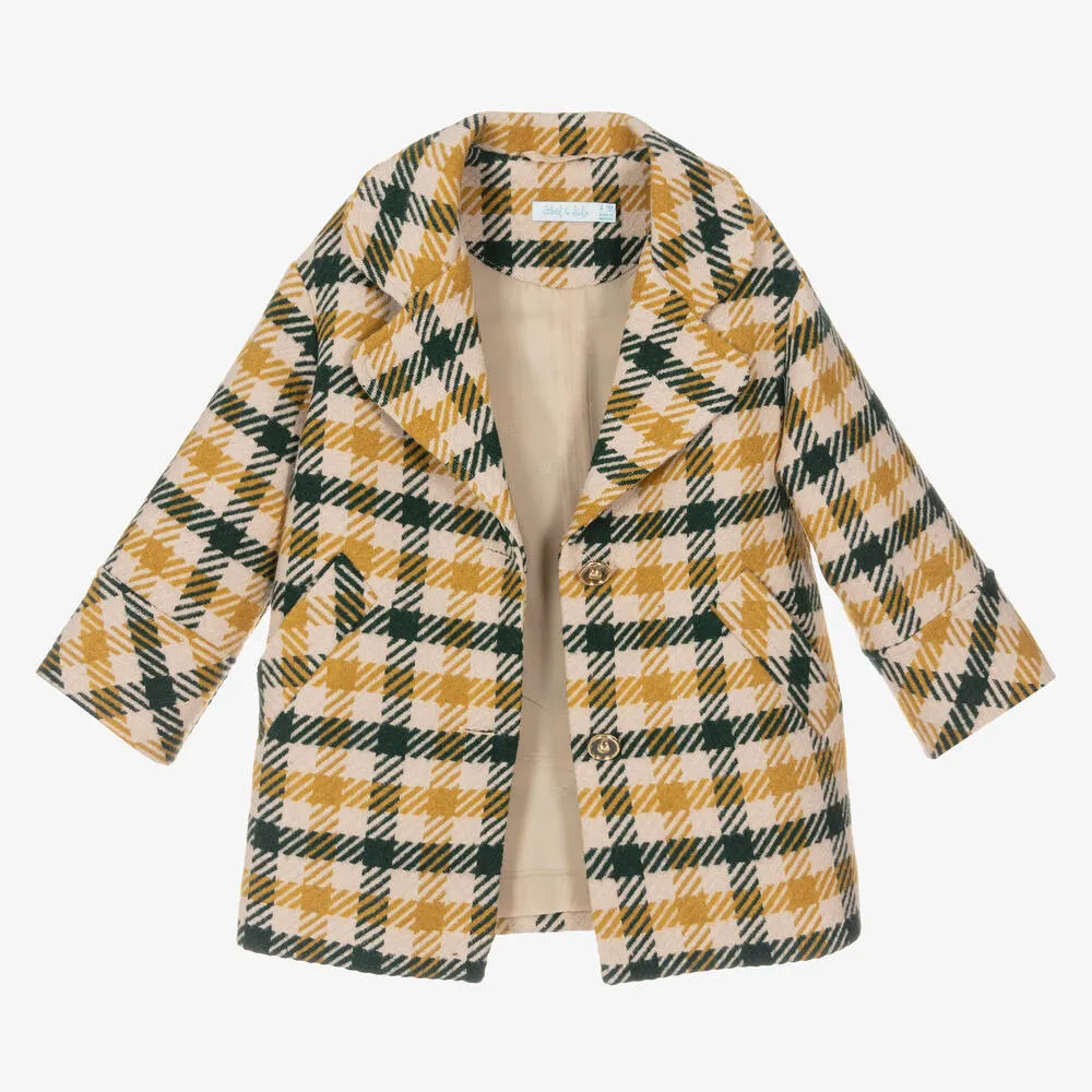 Girls Ivory Check Wool Coat