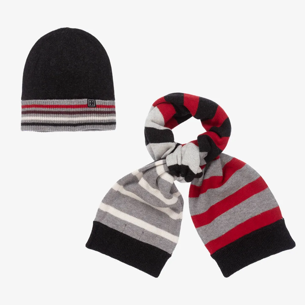 Grey & Red Knitted Hat Set