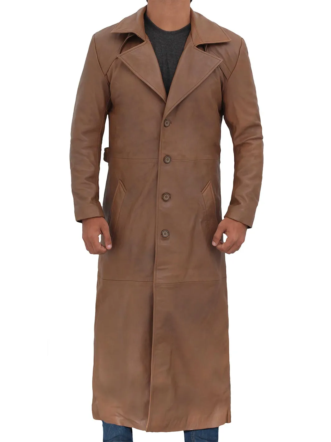 Jackson Men's Distressed Brown Leather Long Trench Coat