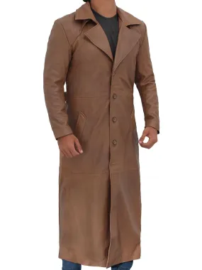 Jackson Men's Distressed Brown Leather Long Trench Coat