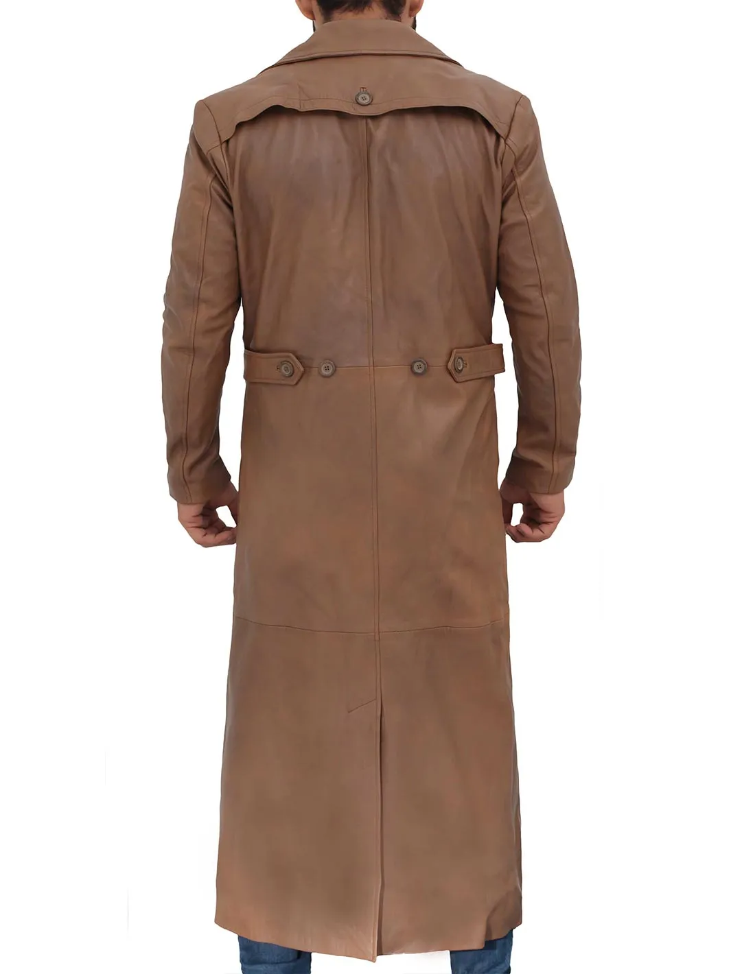 Jackson Men's Distressed Brown Leather Long Trench Coat