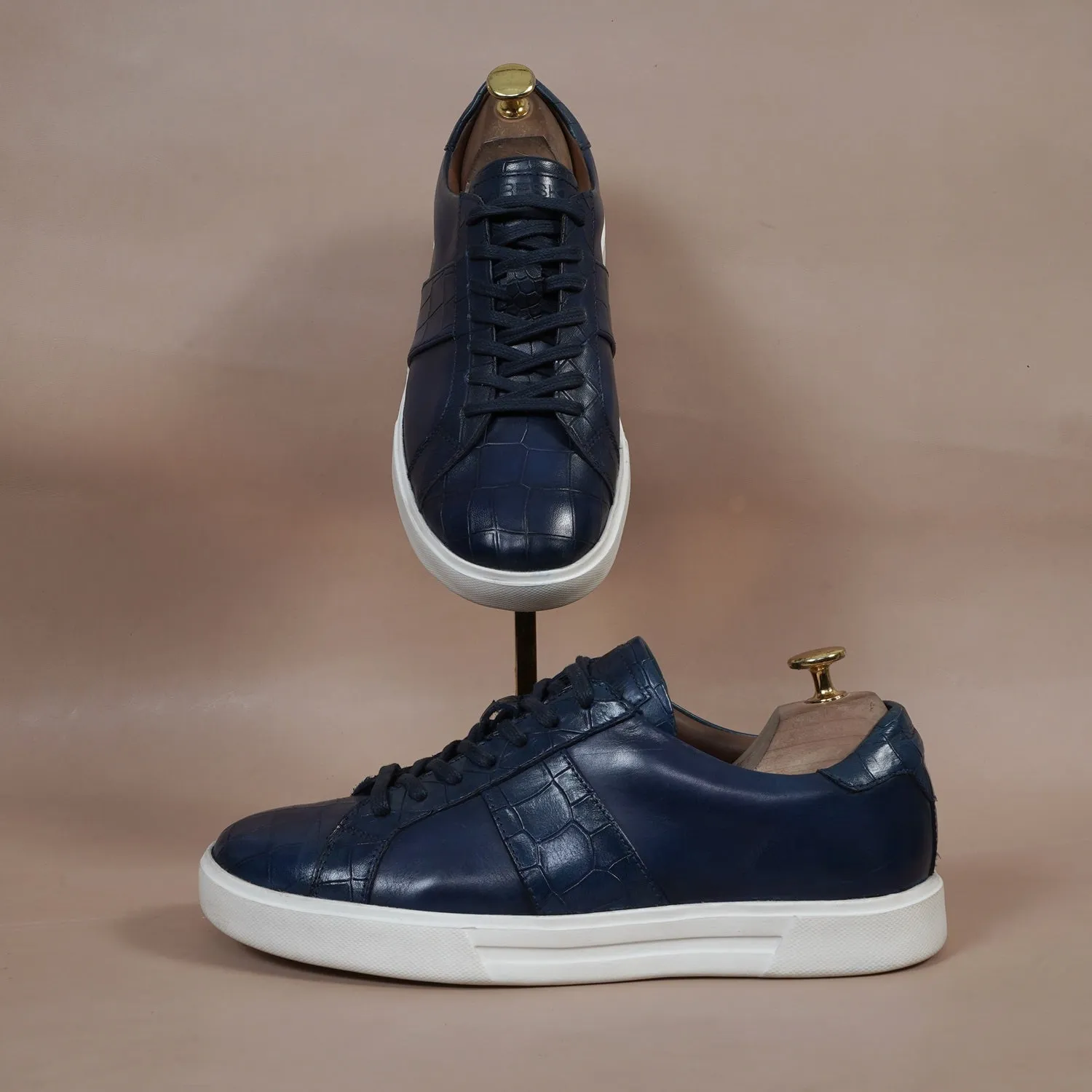 Low Top Deep Cut Leather Blue Sneaker with Lace-Up Closure