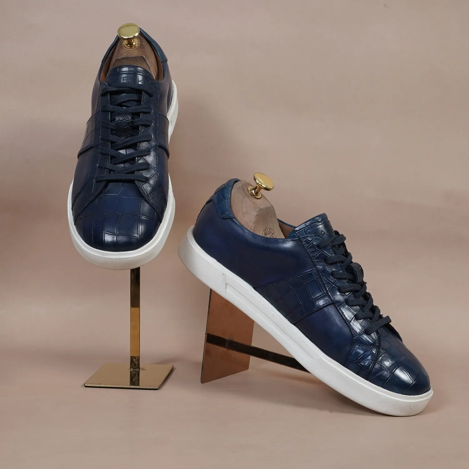 Low Top Deep Cut Leather Blue Sneaker with Lace-Up Closure