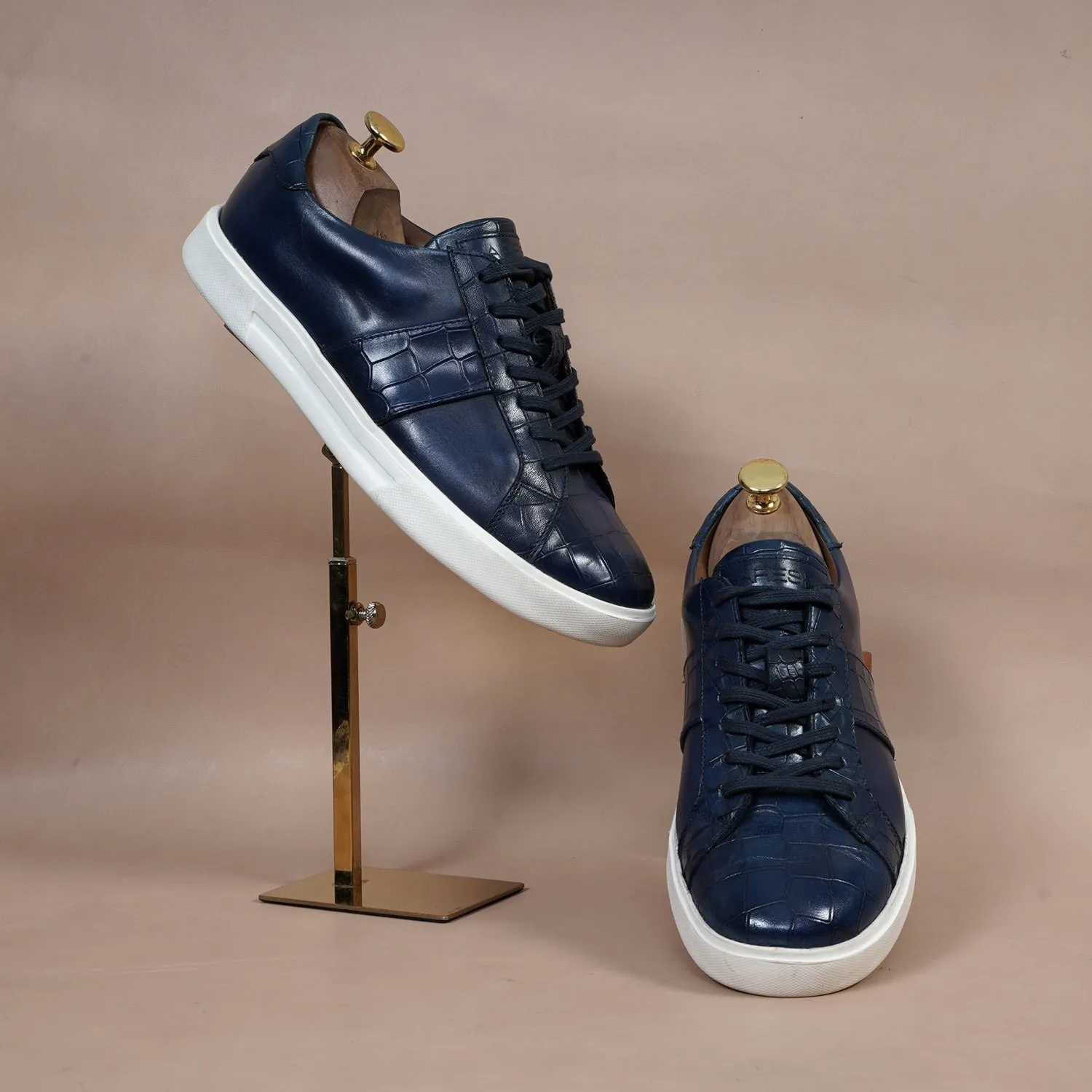 Low Top Deep Cut Leather Blue Sneaker with Lace-Up Closure