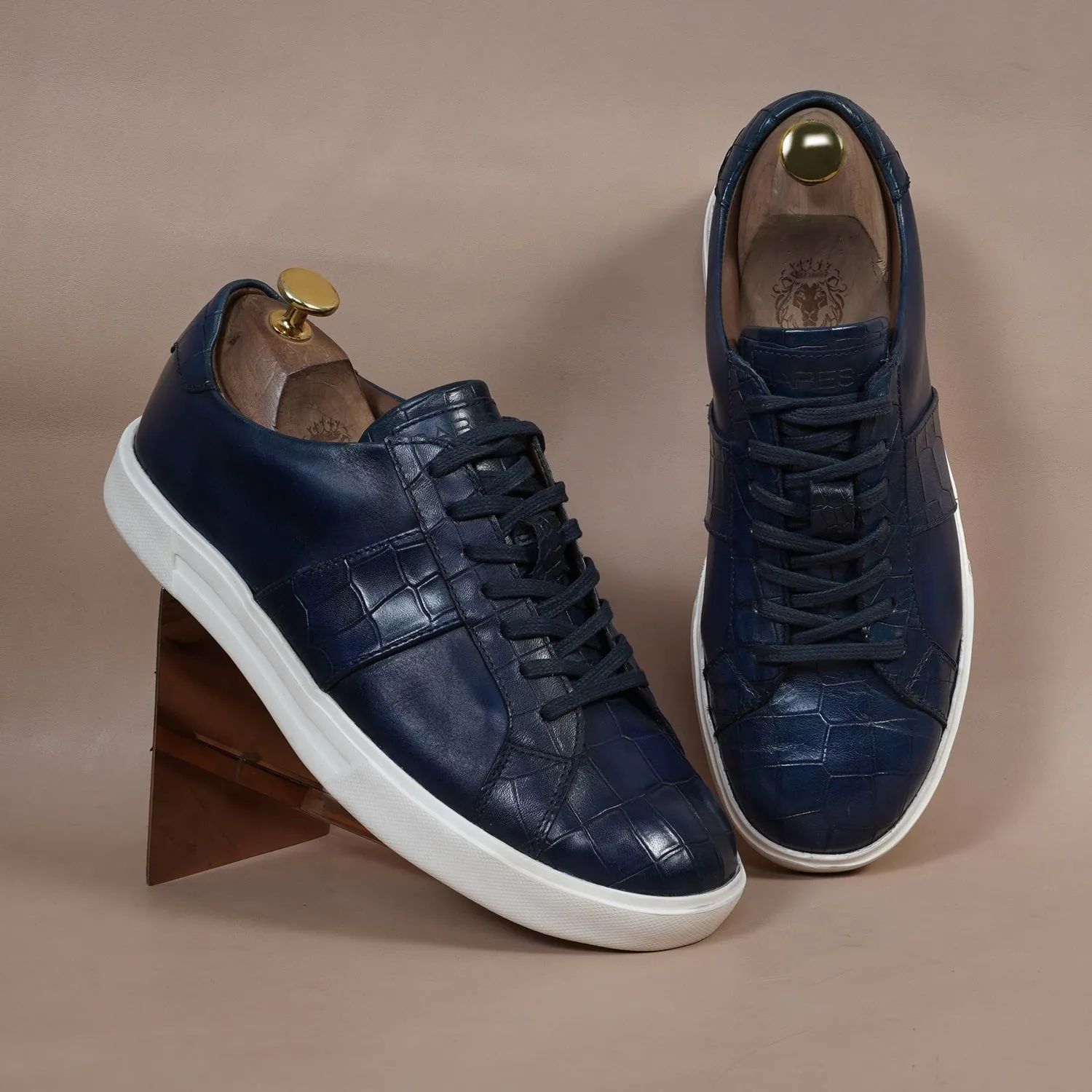 Low Top Deep Cut Leather Blue Sneaker with Lace-Up Closure