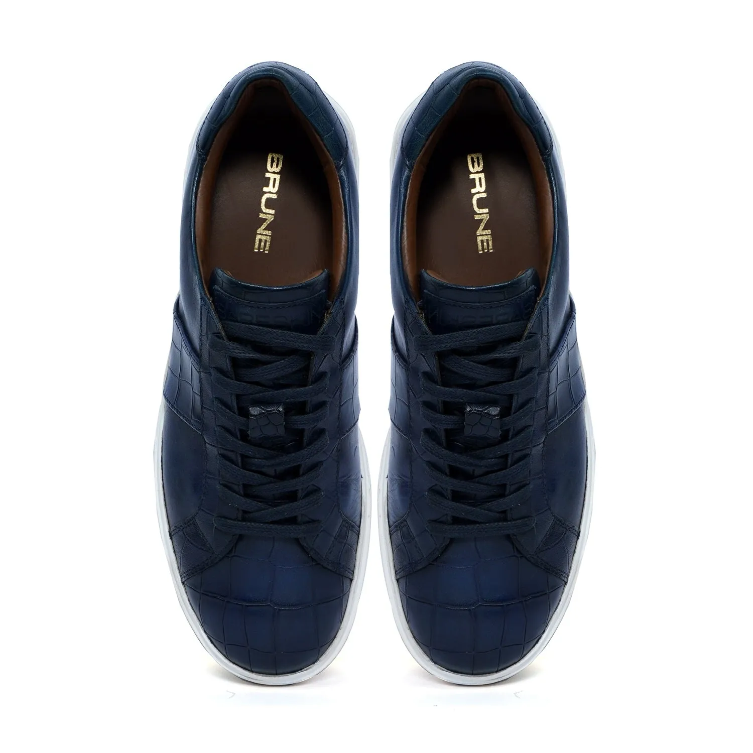 Low Top Deep Cut Leather Blue Sneaker with Lace-Up Closure