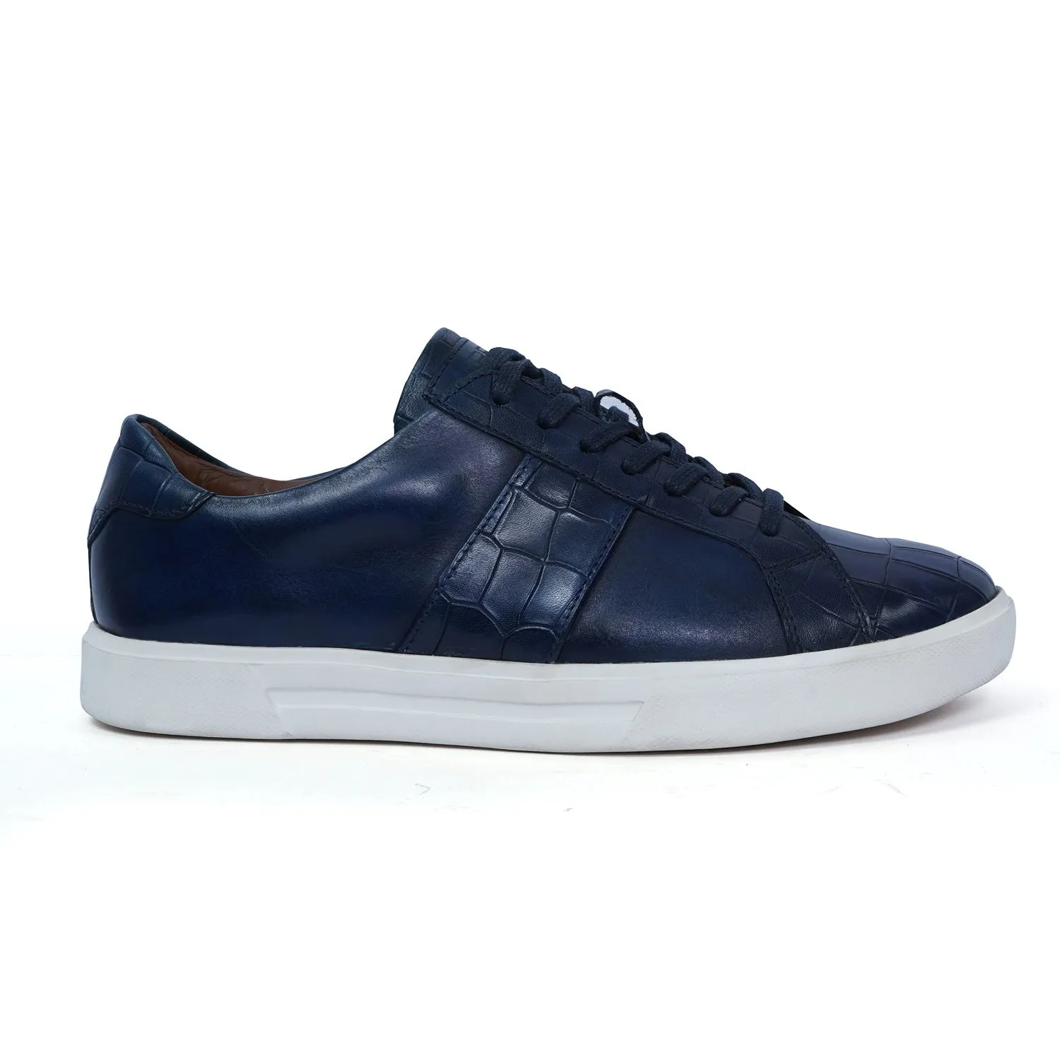 Low Top Deep Cut Leather Blue Sneaker with Lace-Up Closure