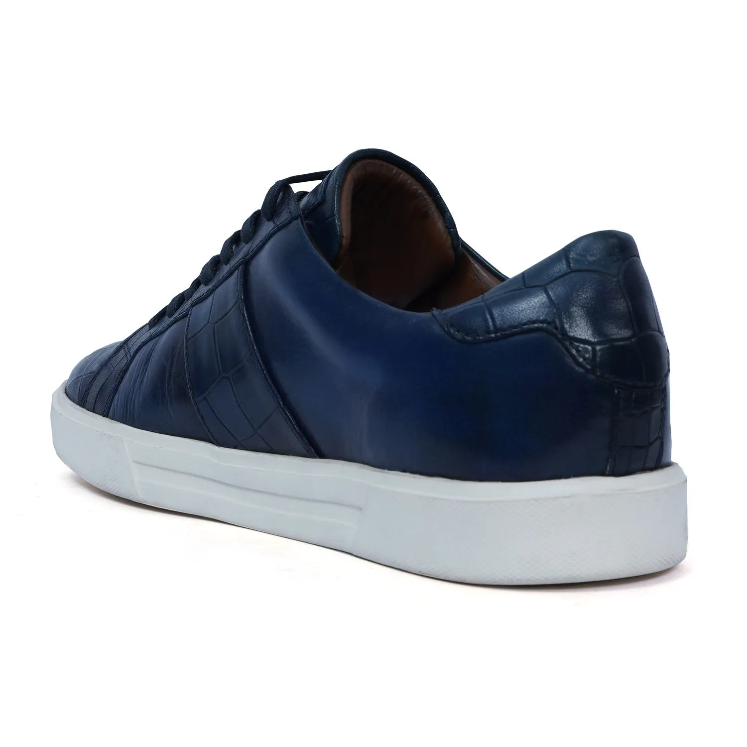 Low Top Deep Cut Leather Blue Sneaker with Lace-Up Closure