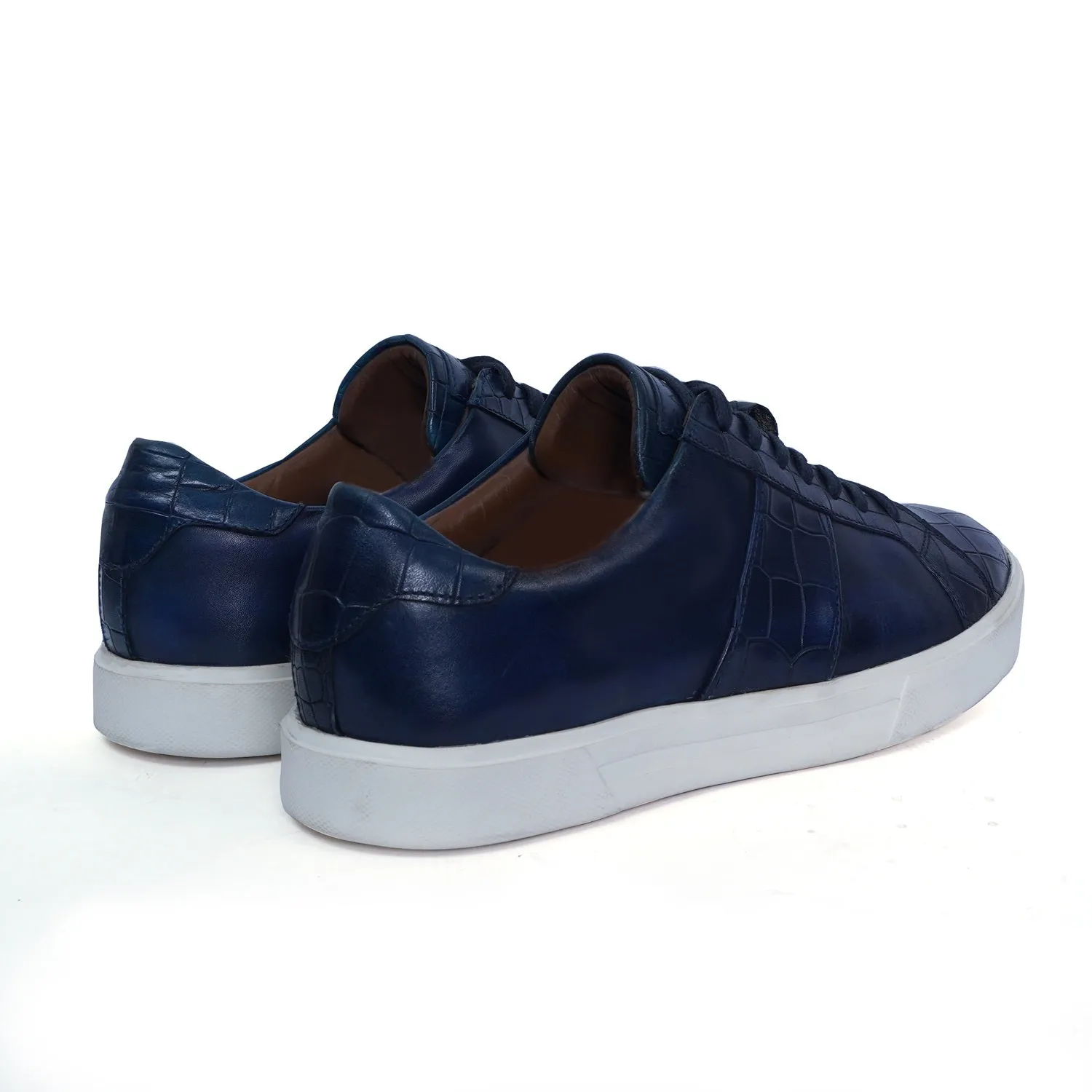 Low Top Deep Cut Leather Blue Sneaker with Lace-Up Closure