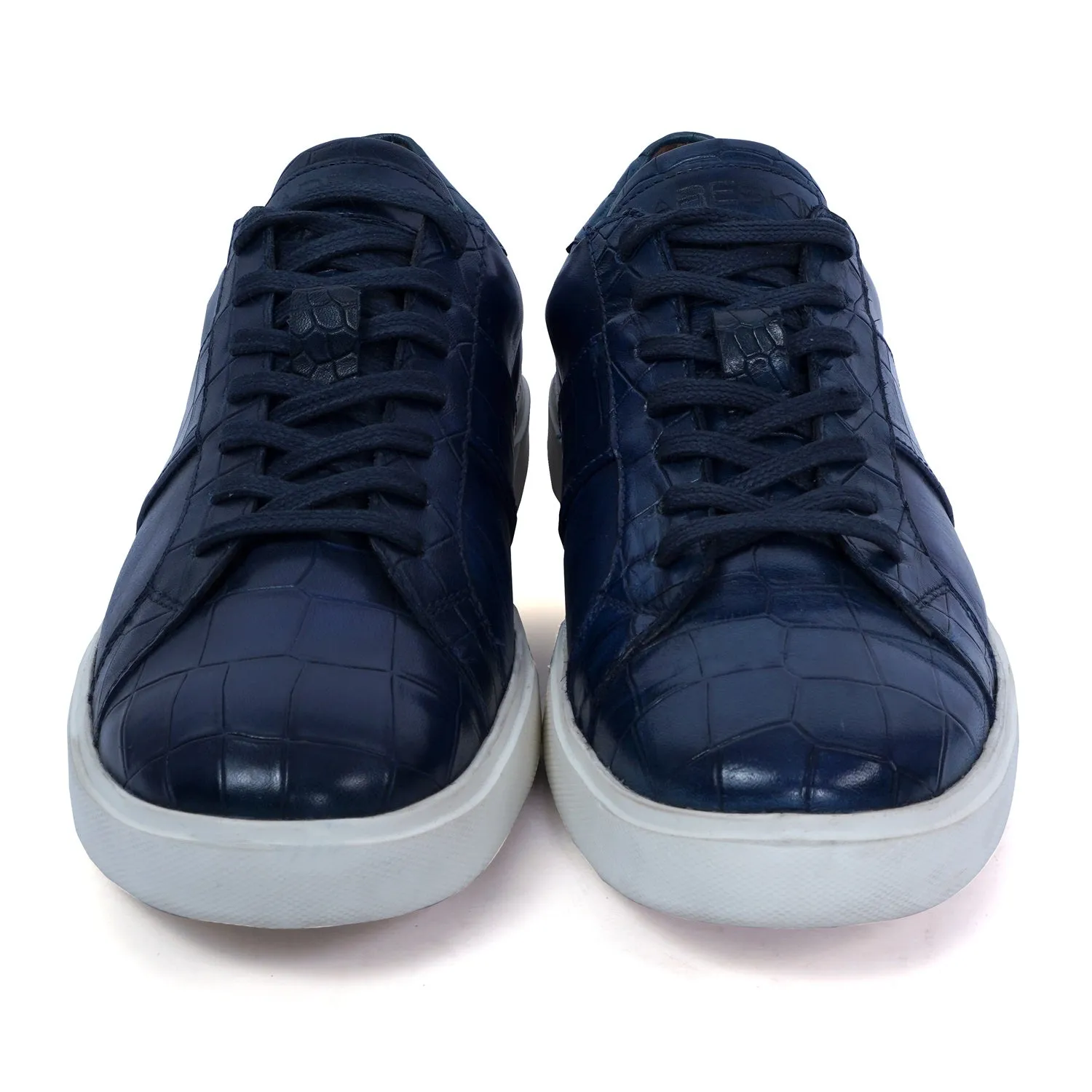 Low Top Deep Cut Leather Blue Sneaker with Lace-Up Closure