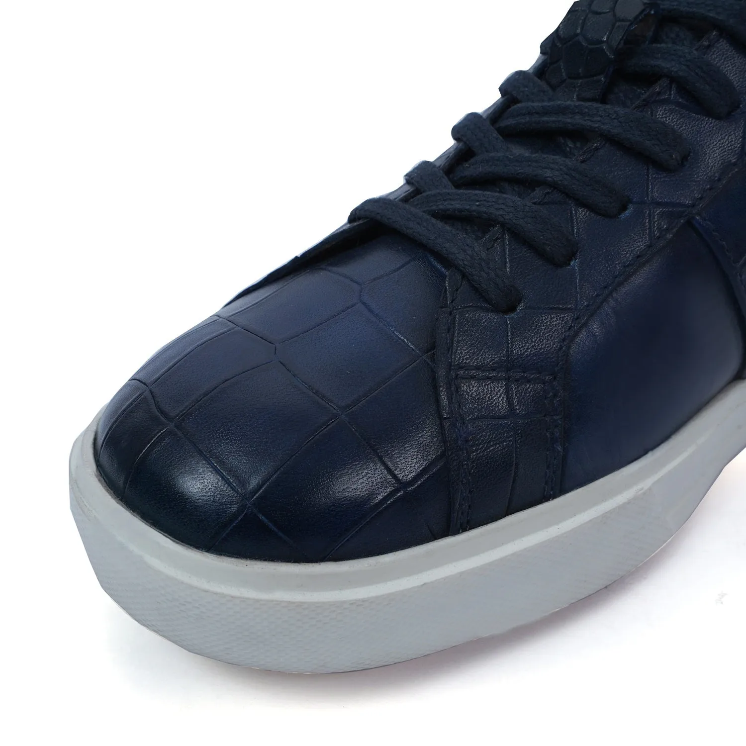 Low Top Deep Cut Leather Blue Sneaker with Lace-Up Closure