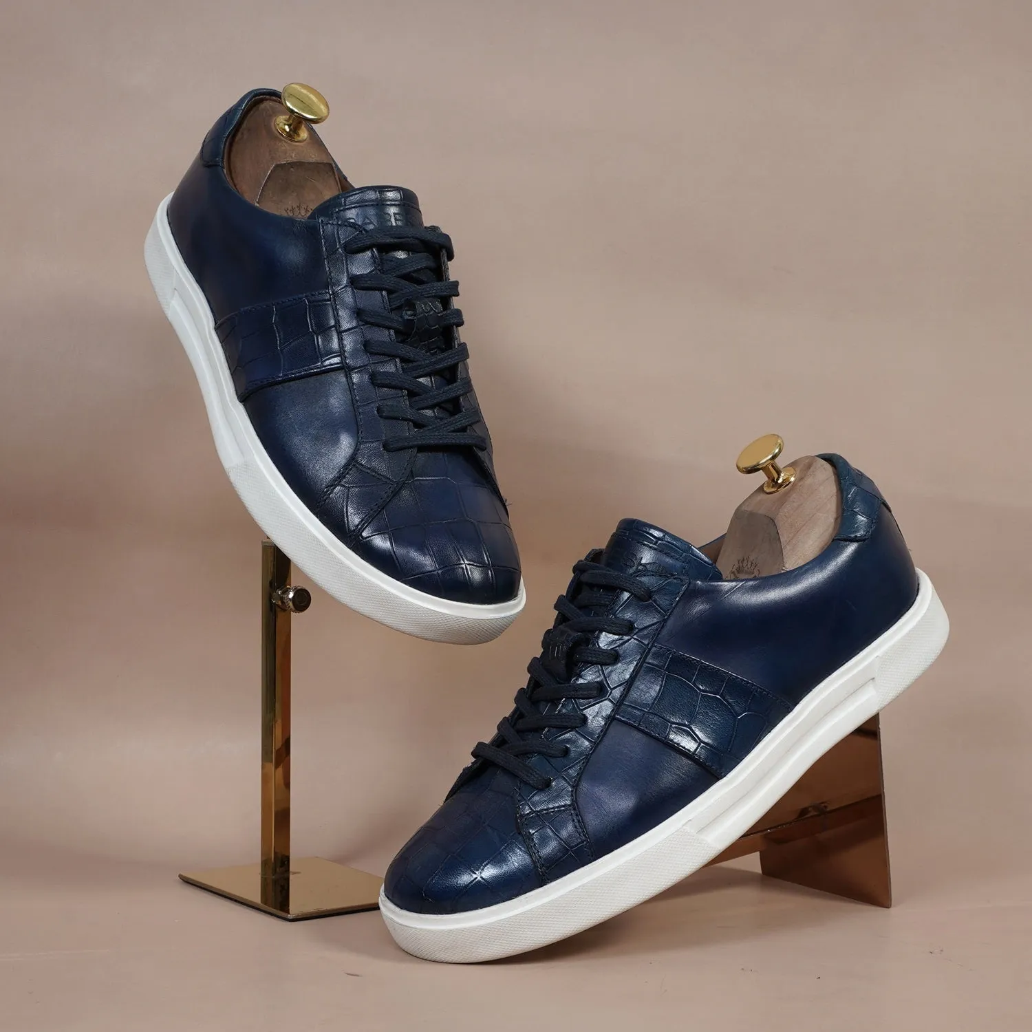 Low Top Deep Cut Leather Blue Sneaker with Lace-Up Closure