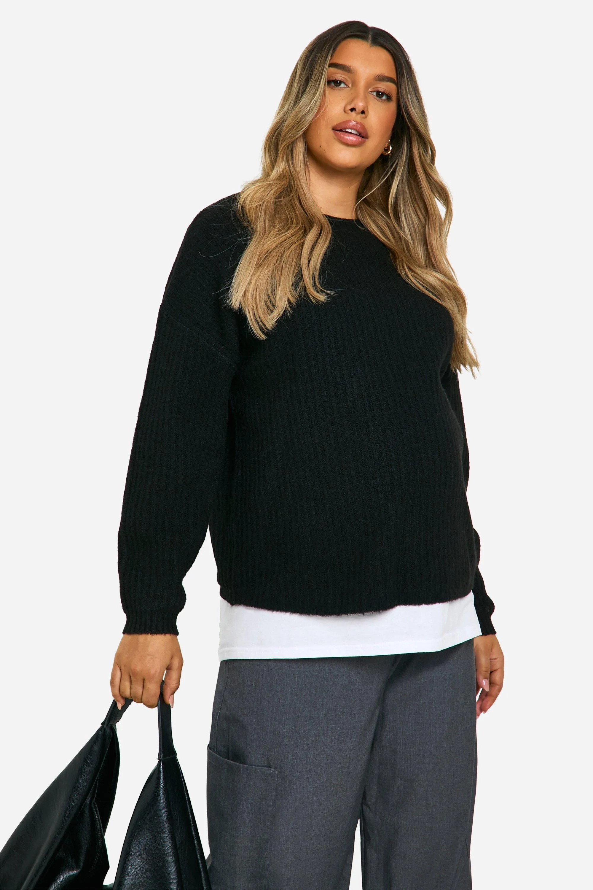 Maternity Soft Rib Knit Balloon Sleeve Sweater