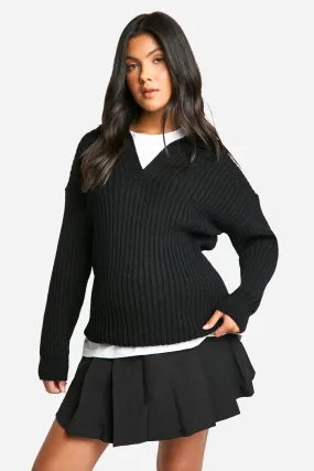 Maternity Soft Wide Rib Knit Collared Sweater