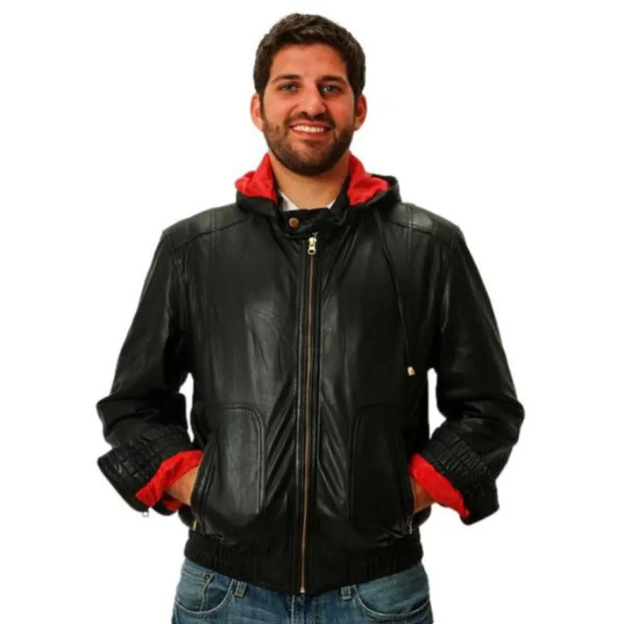 Men Black Leather Jacket with Hood